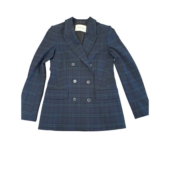 BABATON x ARITZIA Samuel Double Breasted Blazer Navy Everest Green Plaid SZ 0/XS - Picture 2 of 9